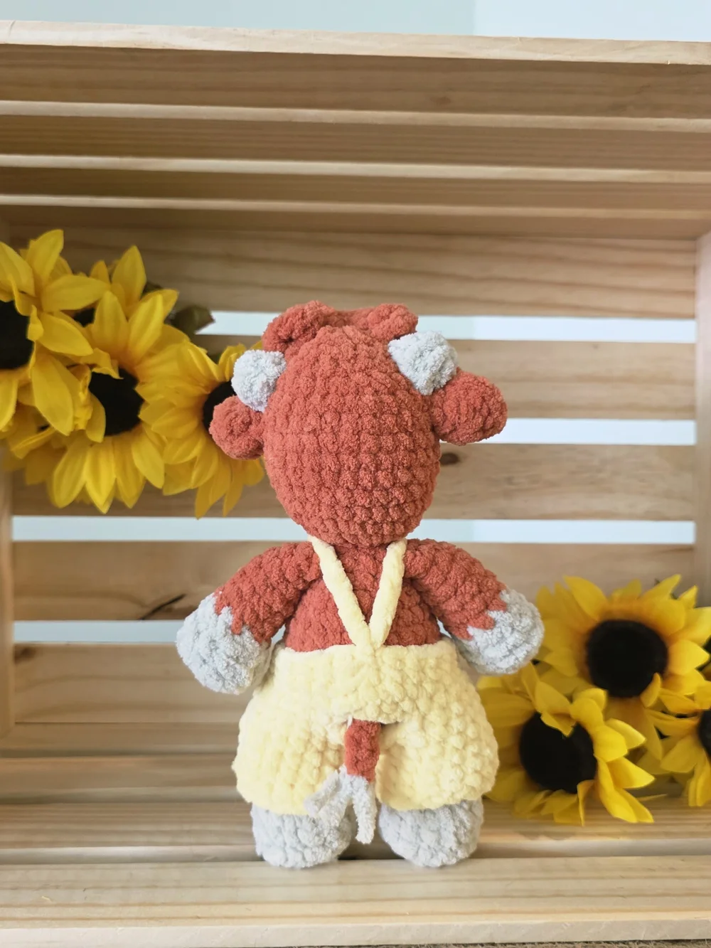 Plush Sunflower Overalls Stuffed Cow - Yellow and Rust Kids Accessory